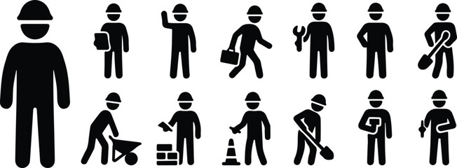 Silhouette icons of minimal construction workers in various job roles and activities including teamwork and equipment use