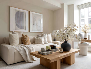 Modern living room interior with comfortable sofa, furniture, and elegant home design