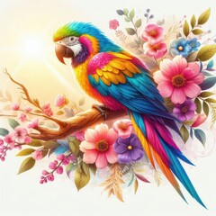 Fototapeta premium Vibrant macaw parrot on blooming tropical flowers.