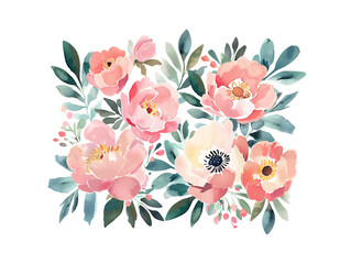 Watercolor arrangement of greeting card pink flowers on white background