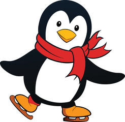 Obraz premium Cartoon Penguin Ice Skating with Scarf and Rosy Cheeks Cute Winter Animal Illustration new 2025 trendy unique