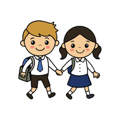 Cartoon School Children Holding Hands Walking to School Wearing Uniforms and Backpacks Vector Illustration on White Background Back to School Concept