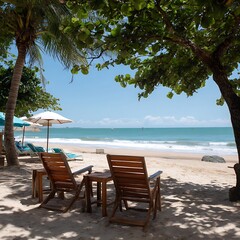 Wooden chairs on a sandy beach with palm trees and umbrellas under a clear blue sky near the ocean view