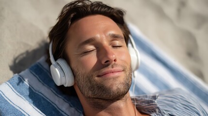 A man with headphones lying on a striped towel on the beach with his eyes closed and a serene expression