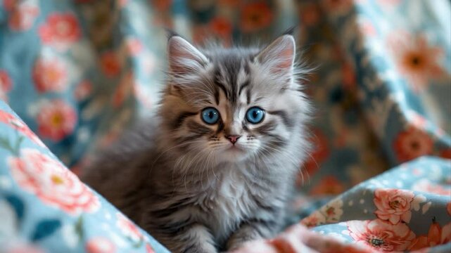 Fluffy gray kitten with striking blue eyes sitting on a floral patterned blanket featuring pink and blue blossoms, showcasing its playful yet curious demeanor and soft fur texture.