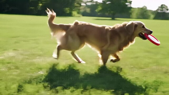 Golden retriever playing frisbee in grass