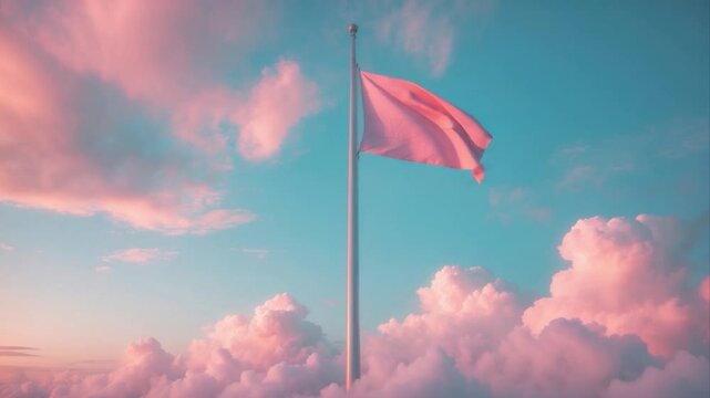 A serene flag gently waving atop a tall pole, set against a backdrop of soft pink and blue clouds in a dreamy sky, evoking a sense of tranquility and freedom.