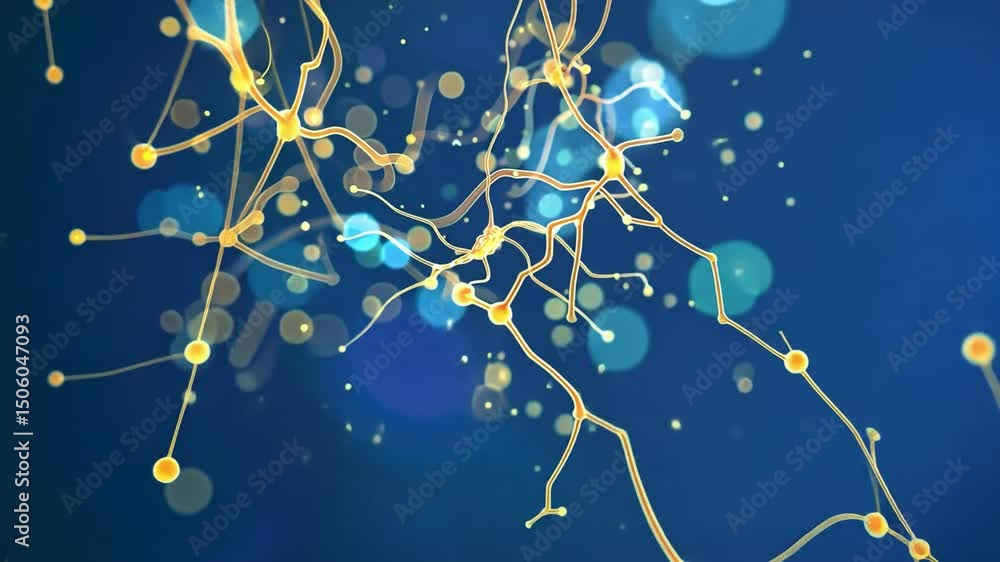 Poster abstract neural connections with glowing yellow nodes and blue bokeh background illustrate complexit