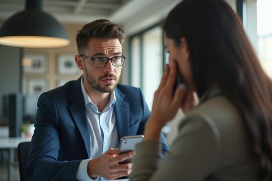 Photo concept: Young white businessman having a conflict with upset coworker in office, using smartphone to resolve the situation. Image illustrates the tension and ultimately finding a resolution.
