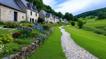 Fototapeta premium A charming pathway winds through a picturesque village with stone cottages surrounded by vibrant flower gardens and greenery during a sunny summer day