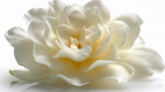 Close-up macro photo of a creamy white gardenia flower with soft, overlapping petals on a clean white background showcasing its delicate details.