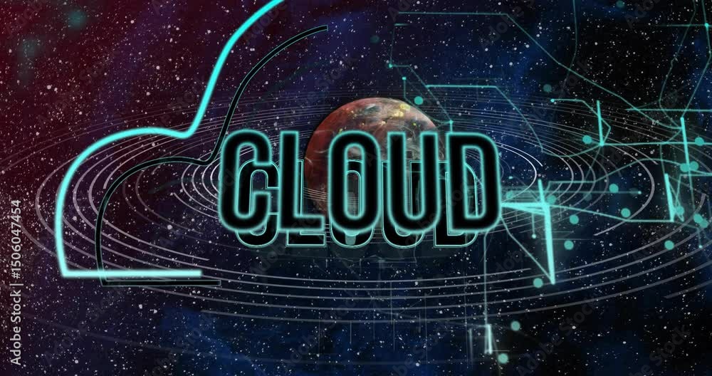 Poster planet floating rings pulsing circuitry forming neon cloud tracing cloud outline, visualizing cloud