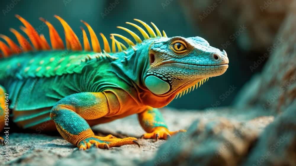 Poster vibrantly colored iguana with spiky crest relaxing on a rock surrounded by soft textured background 