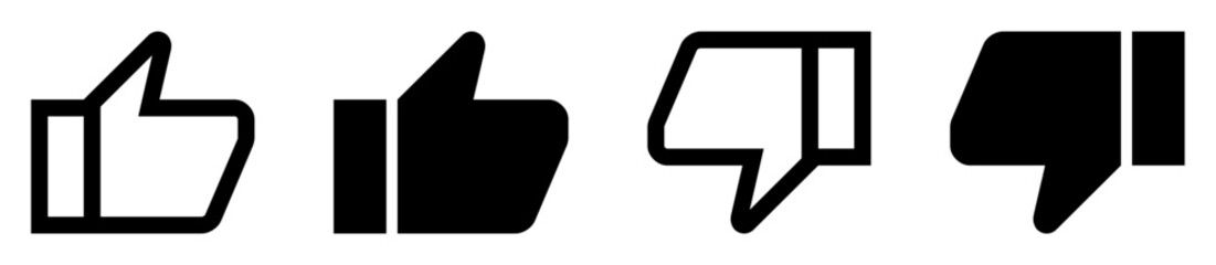 Set of thumbs up and thumbs down icons in outline and solid style. Suitable for feedback, voting, review, approval, and disapproval illustrations. Icons, vector, like, dislike.