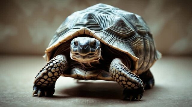 Close-up view of a realistic tortoise showcasing intricate shell patterns, detailed textures on its skin, and a vibrant demeanor, set against a soft, neutral background.