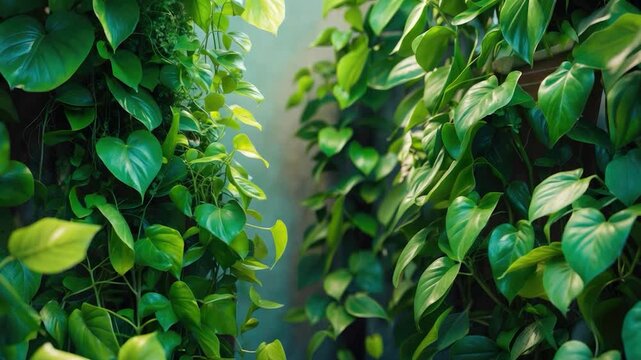 Lush Greenery Pathway Surrounded by Vibrant Heartleaf Philodendron Leaves Bathed in Soft Natural Light, Creating a Serene Indoor Jungle Atmosphere