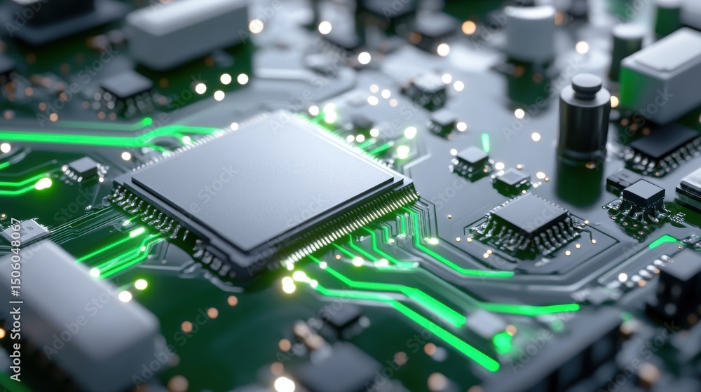 Poster detailed circuit board features numerous components and vibrant green connections, highlighting the 