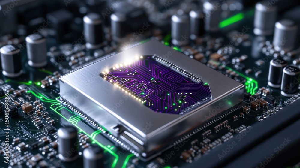 Poster a close-up view of a computer chip featuring a detailed design mounted on a circuit board, highlight