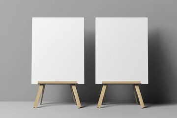 Two blank white poster boards on wooden easels against a gray background