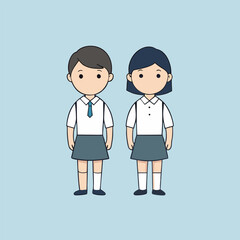 Fototapeta premium Cartoon illustration of two students in school uniforms standing side by side against a light blue background showcasing education and childhood