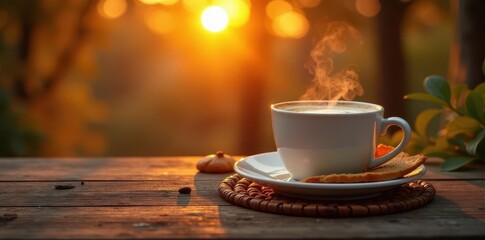 Obraz premium Warm sunset light bathes coffee, pastries, and rustic wood , warm, cozy