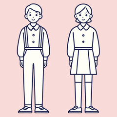 Illustration of a boy and girl in school uniforms standing side by side in a simple minimalist and modern line art style