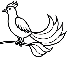 Obraz premium Phoenix Bird Perched on Branch Line Drawing with Elegant Tail Feathers