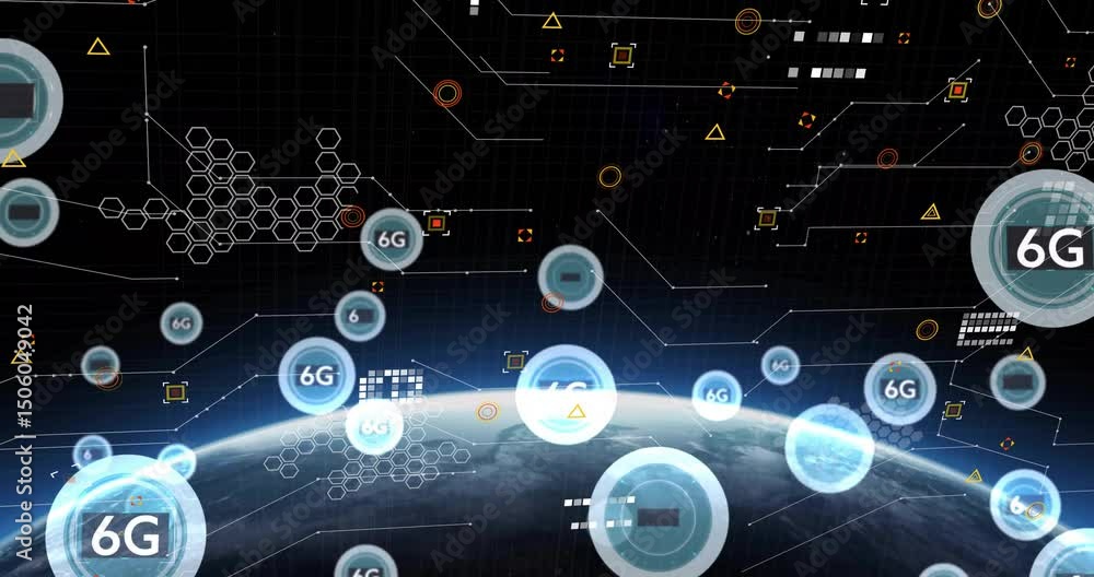 Poster with earth horizon emerging network lines animating as nodes float outward visualizing global data