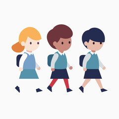 Three Diverse Schoolgirls Walking Together to School in Uniforms with Backpacks on a White Background in Vector Format