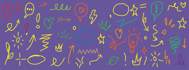 Colorful hand drawn doodle doodle, hand drawn, colorful elements and collection of vibrant hand-drawn doodle collection on purple background.
