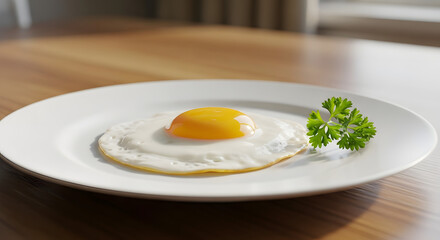 Minimalist Breakfast Plate with Perfect Fried Egg and Parsley on Wooden Table