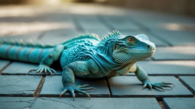 Vibrantly colored turquoise lizard with detailed scales and prominent features basking on textured stone tiles in a natural setting, showcasing its striking coloration and form.