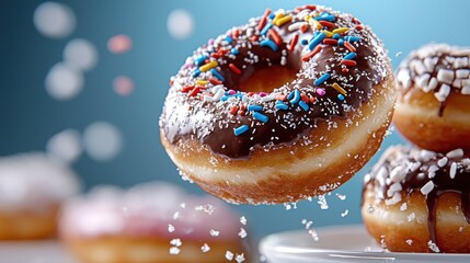 A chocolate donut with sprinkles is flying through the air