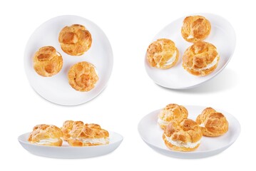 Profiteroles with cottage cheese filling in a plate on a white isolated background