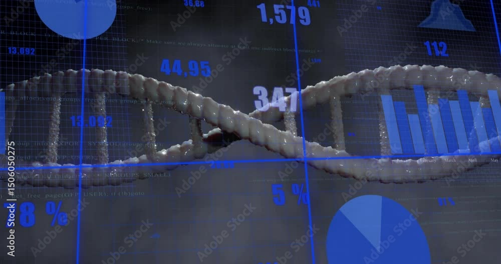 Poster grid fading around rotating dna helix driving bars rising and pie chart filling showing analytics