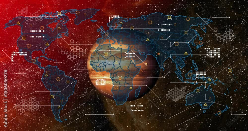 Poster on start gas giant planet getting map wrapping icons appearing grid expanding showing data network