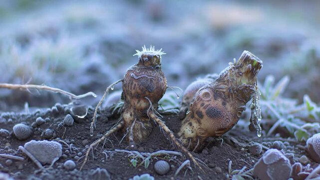 Frosted Harvested Roots With Rootlets At Ground Level On A Cold Morning