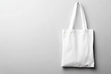 White canvas tote bag hangs on gray wall