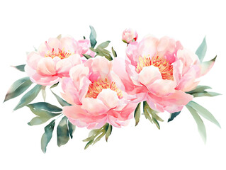 Watercolor pink pale flowers arrangement on white background
