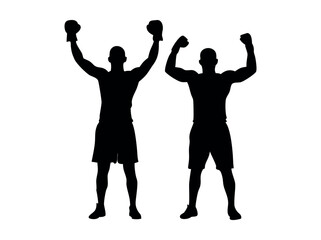 Boxers Celebrating a Victory in Silhouettes Set, black silhouettes of male boxers in victory poses, arms raised high, wearing boxing shorts and gloves. boxing, champion, victory, celebration, silhouet