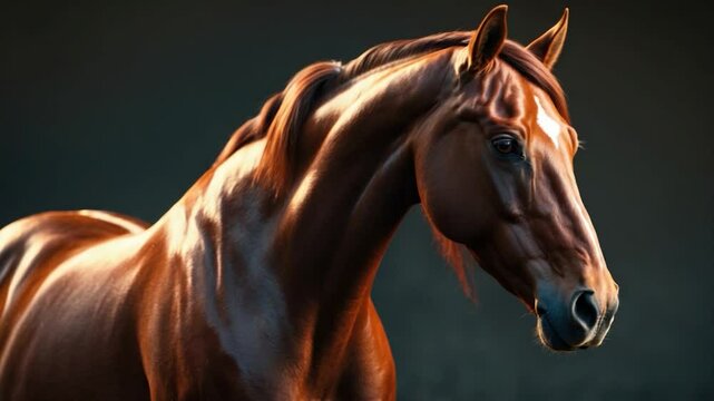 Majestic chestnut horse with a glossy coat and striking features, showcasing its expressive eyes and a distinct white blaze on the forehead, set against a dark, blurred background.