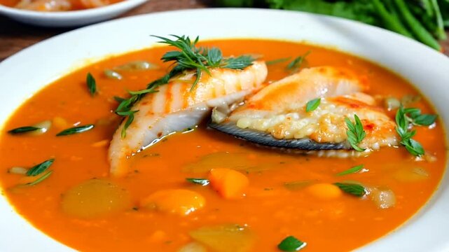 Video of lobster bisque soup in a white plate with lobster tails in a restaurant setting. Traditional French cuisine dish