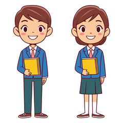 Cartoon Illustration of Boy and Girl Students in School Uniforms Holding Books with Smiling Faces on a White Background