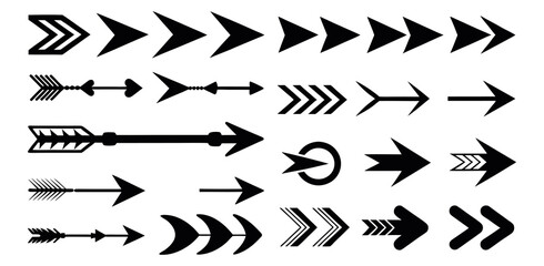 Set of Various Black Arrow Icons on White Background,  collection of diverse arrow icons in a bold black silhouette against a clean white arrow icons, perfect for user interface (UI) design, icon, i