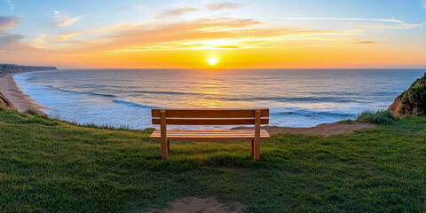 Wooden Bench Facing Ocean Sunset on Coastal Path