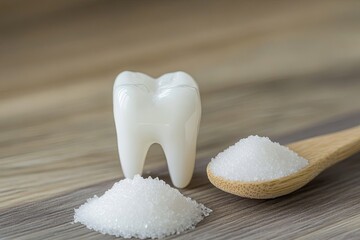 White tooth figurine beside pile of granulated sugar on wooden surface