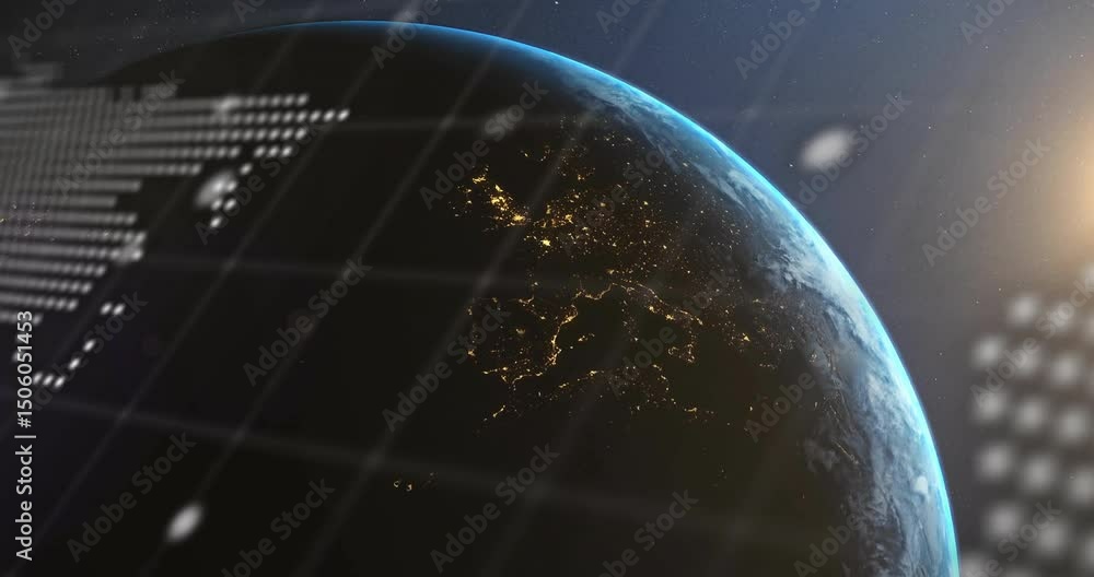 Poster dotted earth globe emerging from shadow rotating while scrolling code snippets displaying data flow
