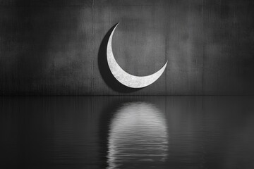 A crescent moon shape is reflected on water in a minimalist black and white scene.