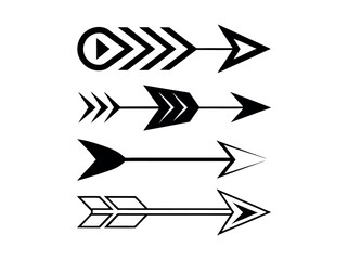 Set of four stylized tribal-inspired arrows, Silhouette of multiple arrows in various sizes, arrow, arrows, silhouette, black and white, black, white, graphic design, vector, illustration, hunting, wa