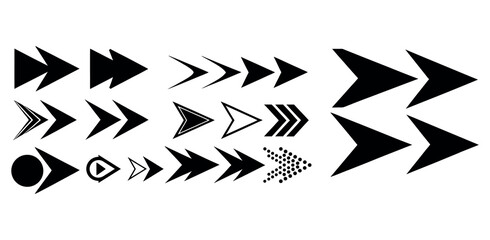 Set of Various Black Arrow Icons on White Background,  collection of diverse arrow icons in a bold black silhouette against a clean white arrow icons, perfect for user interface (UI) design, icon, i